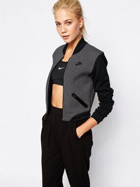 Nike Tech Fleece Bomber Jacket Women’s Large Gray Black Full Zip Cropped